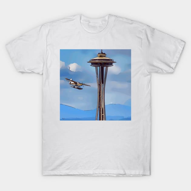 Seaplane landing past the Seattle Space Needle T-Shirt by WelshDesigns